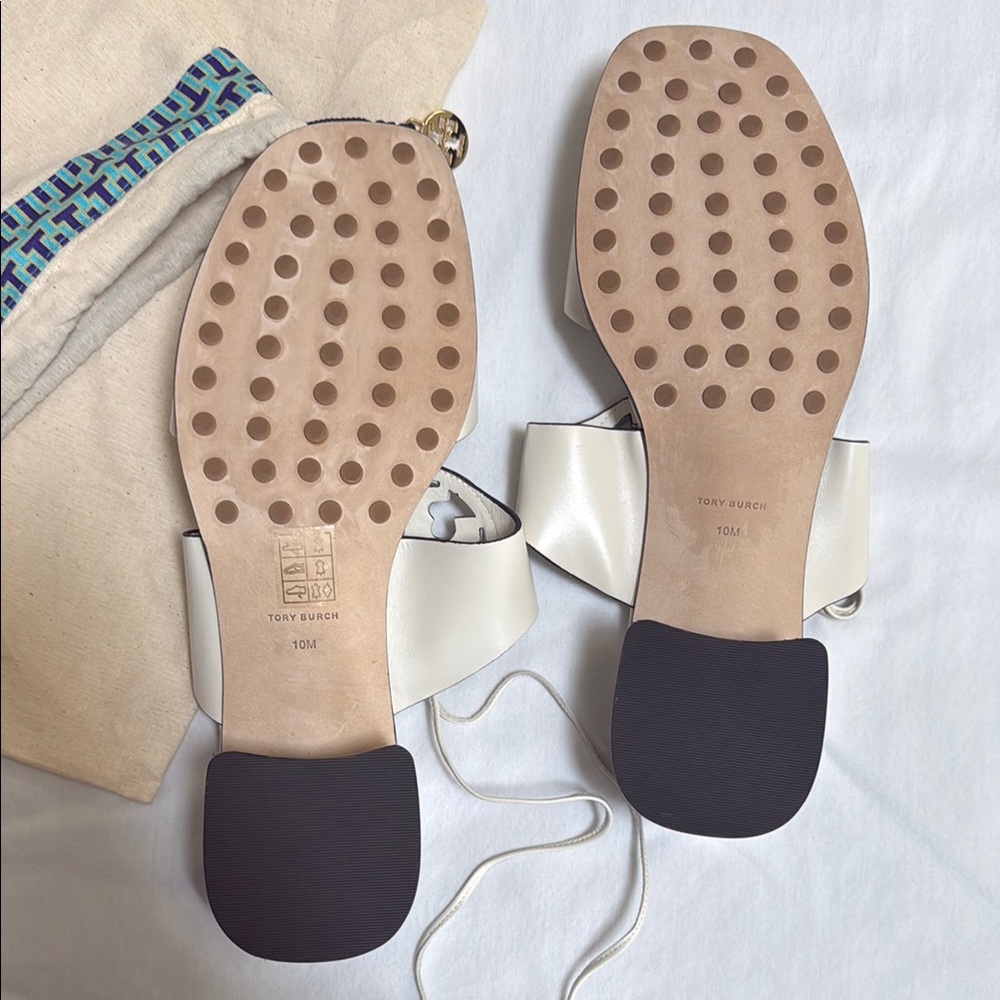 Tory Burch Cream Block Heel Sandals with Signature Medallion - Picture 2 of 3